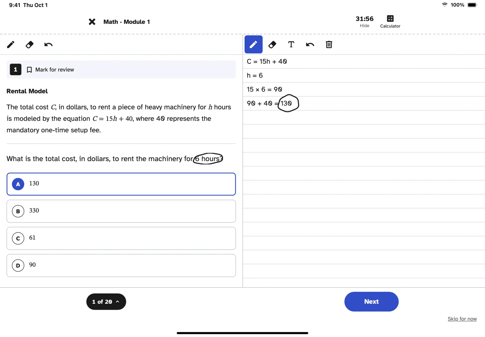 Hourly Prep on iPad: an SAT Math question beside scratch paper with the working typed out and the answer circled.