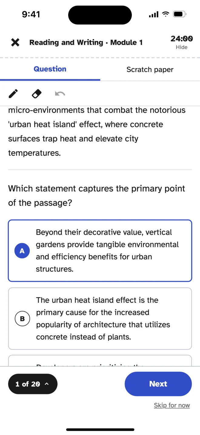 Hourly Prep on iPhone: an SAT Reading and Writing question with the first choice selected.